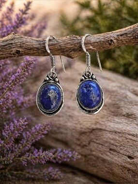 Dainty Lapis Lazuli Gemstone Drop Dangle 1.8” Sterling Silver Earrings